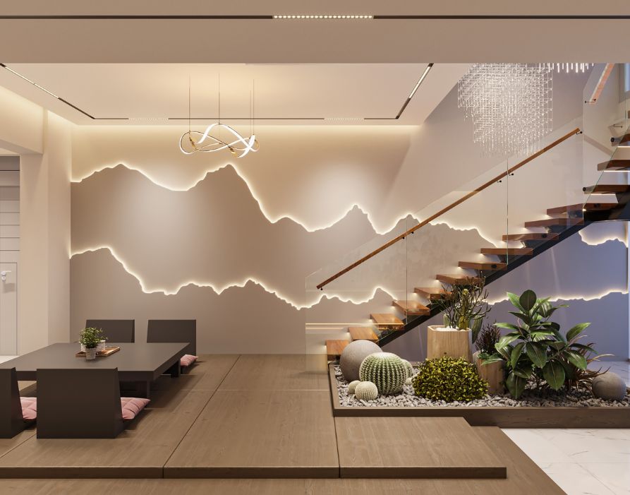 image displays a modern dining room with a unique artistic feature wall that has built-in lighting that follows a jagged design, reminiscent of mountain peaks