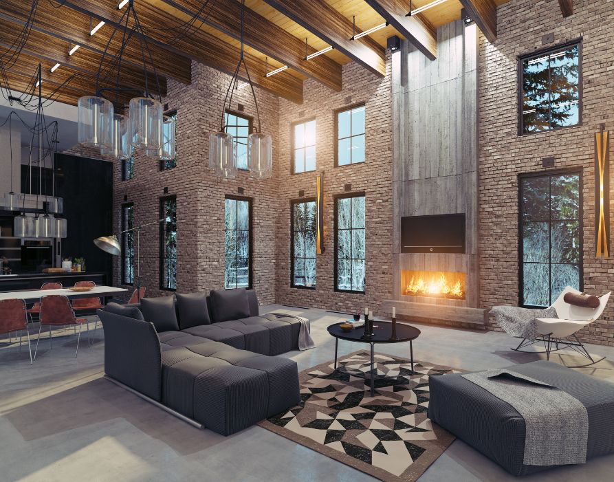 image showcases a spacious living room in a contemporary loft-style apartment with high ceilings and large windows.